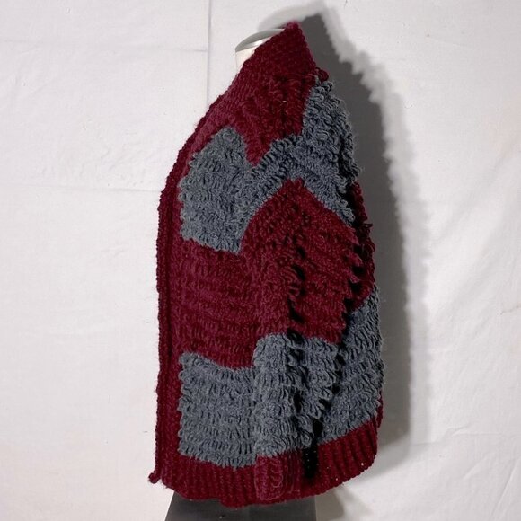 Hand Knit Burgundy Grey Striped Loopy Stitch Knit Button Up Cardigan XXL - Picture 3 of 12
